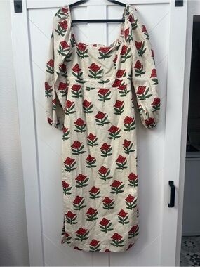 RHODE (NWT) Cream Midi Dress with Red Rose Print